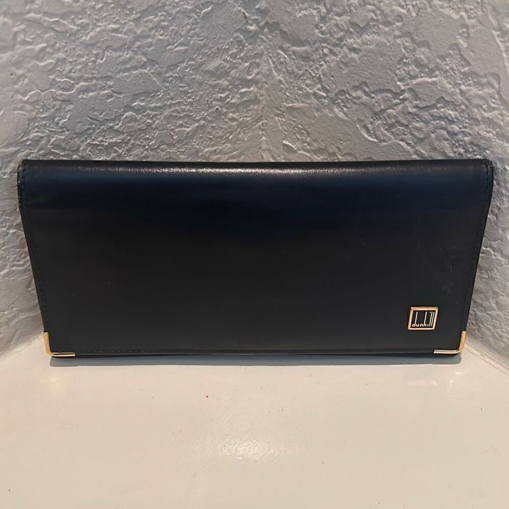 Dunhill Foldover Long Wallet Black Leather Checkbook Cardholder Travel Buisness